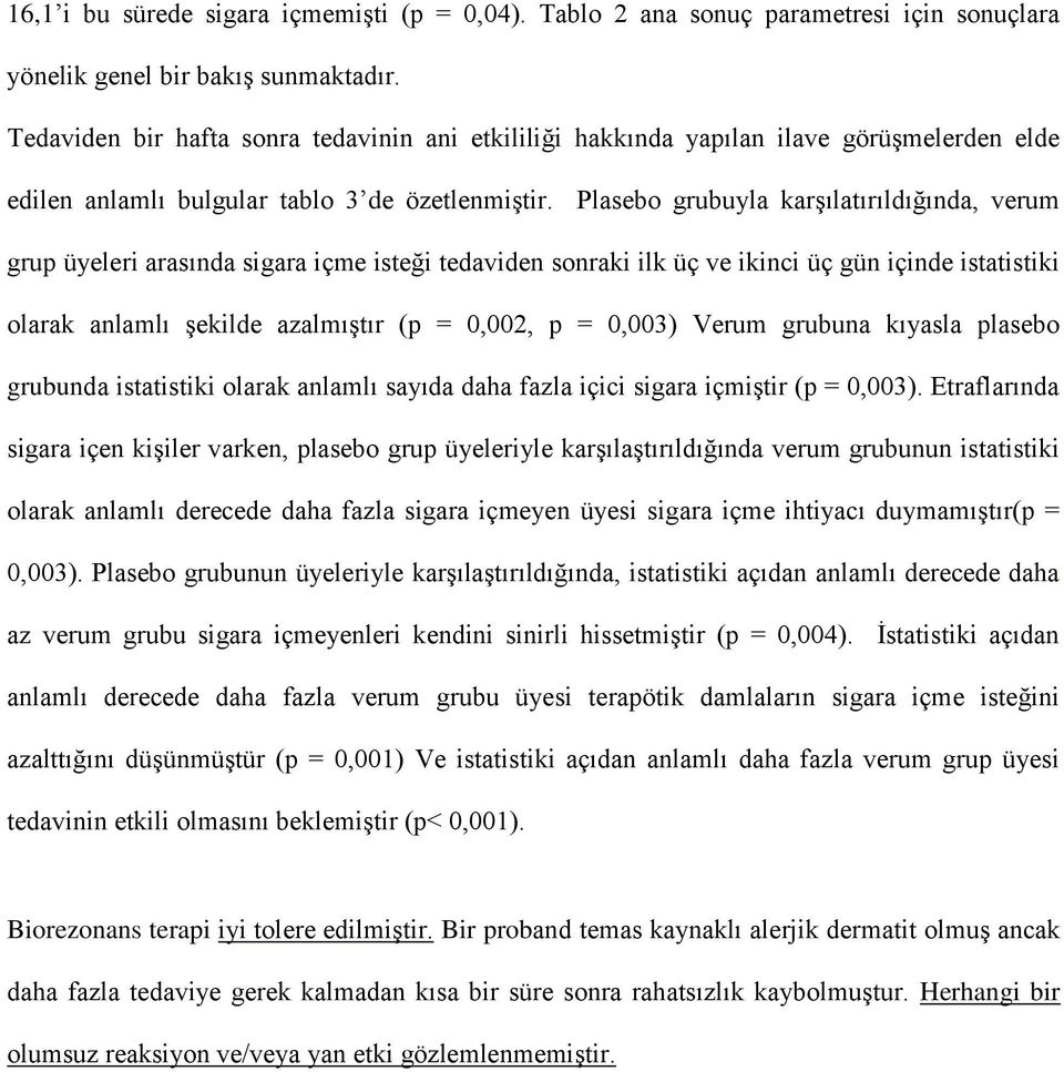 Plasebo grubuyla karşılatırıldığında, verum grup üyeleri arasında sigara içme isteği tedaviden sonraki ilk üç ve ikinci üç gün içinde istatistiki olarak anlamlı şekilde azalmıştır (p = 0,002, p =