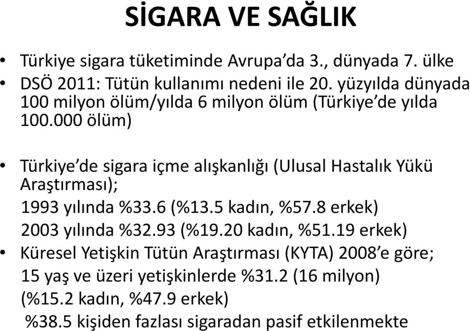 000 ölüm) Türkiye de sigara içme alışkanlığı (Ulusal Hastalık Yükü Araştırması); 1993 yılında %33.6 (%13.5 kadın, %57.