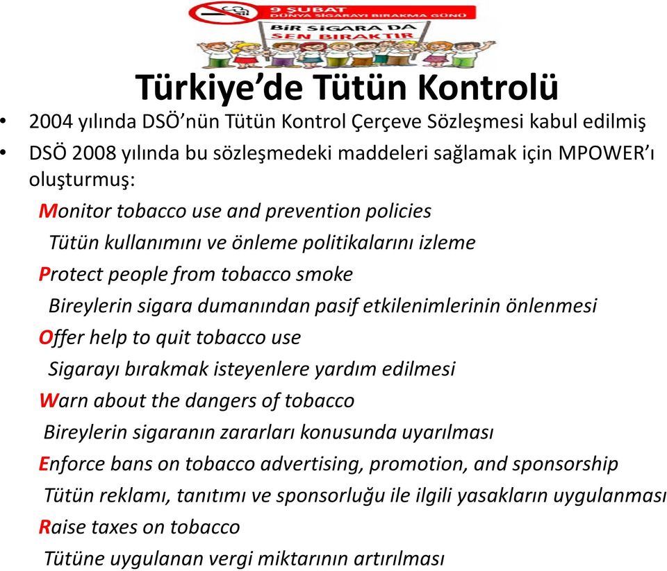 Offer help to quit tobacco use Sigarayı bırakmak isteyenlere yardım edilmesi Warn about the dangers of tobacco Bireylerin sigaranın zararları konusunda uyarılması Enforce bans on