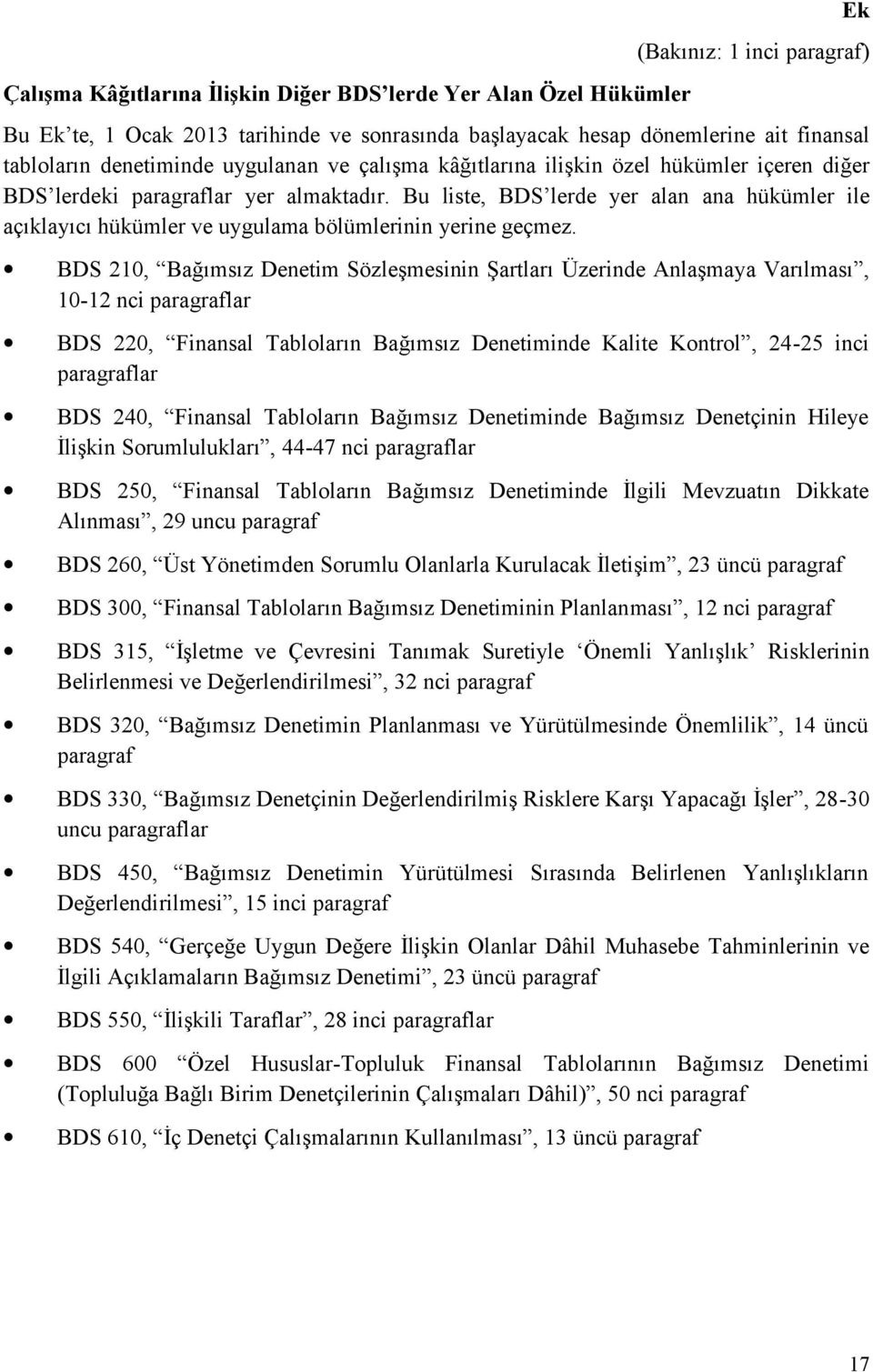 Bu liste, BDS lerde yer alan ana hükümler ile açıklayıcı hükümler ve uygulama bölümlerinin yerine geçmez.