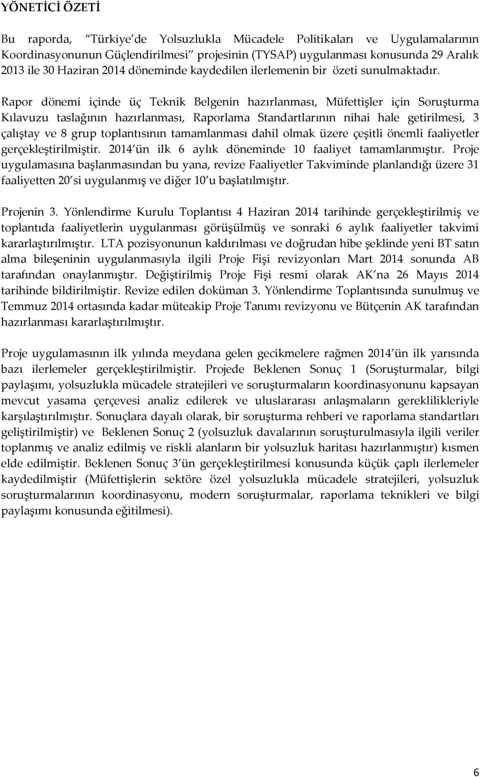 Rapor dönemi içinde üç Teknik Belgenin hazırlanması, Müfettişler için Soruşturma Kılavuzu taslağının hazırlanması, Raporlama Standartlarının nihai hale getirilmesi, 3 çalıştay ve 8 grup toplantısının