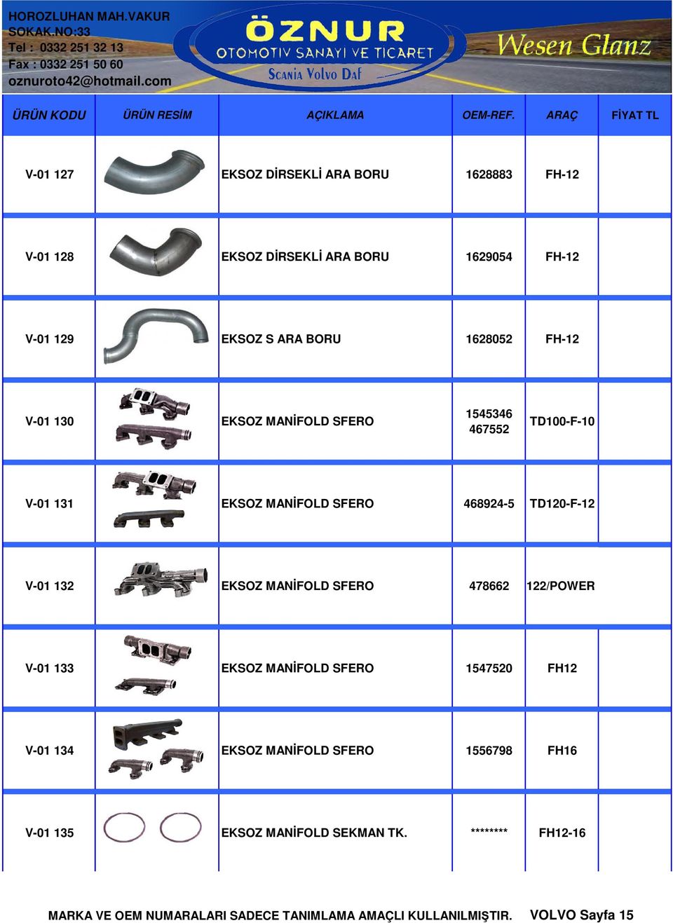 132 EKSOZ MANİFOLD SFERO 478662 122/POWER V-01 133 EKSOZ MANİFOLD SFERO 1547520 FH12 V-01 134 EKSOZ MANİFOLD SFERO 1556798