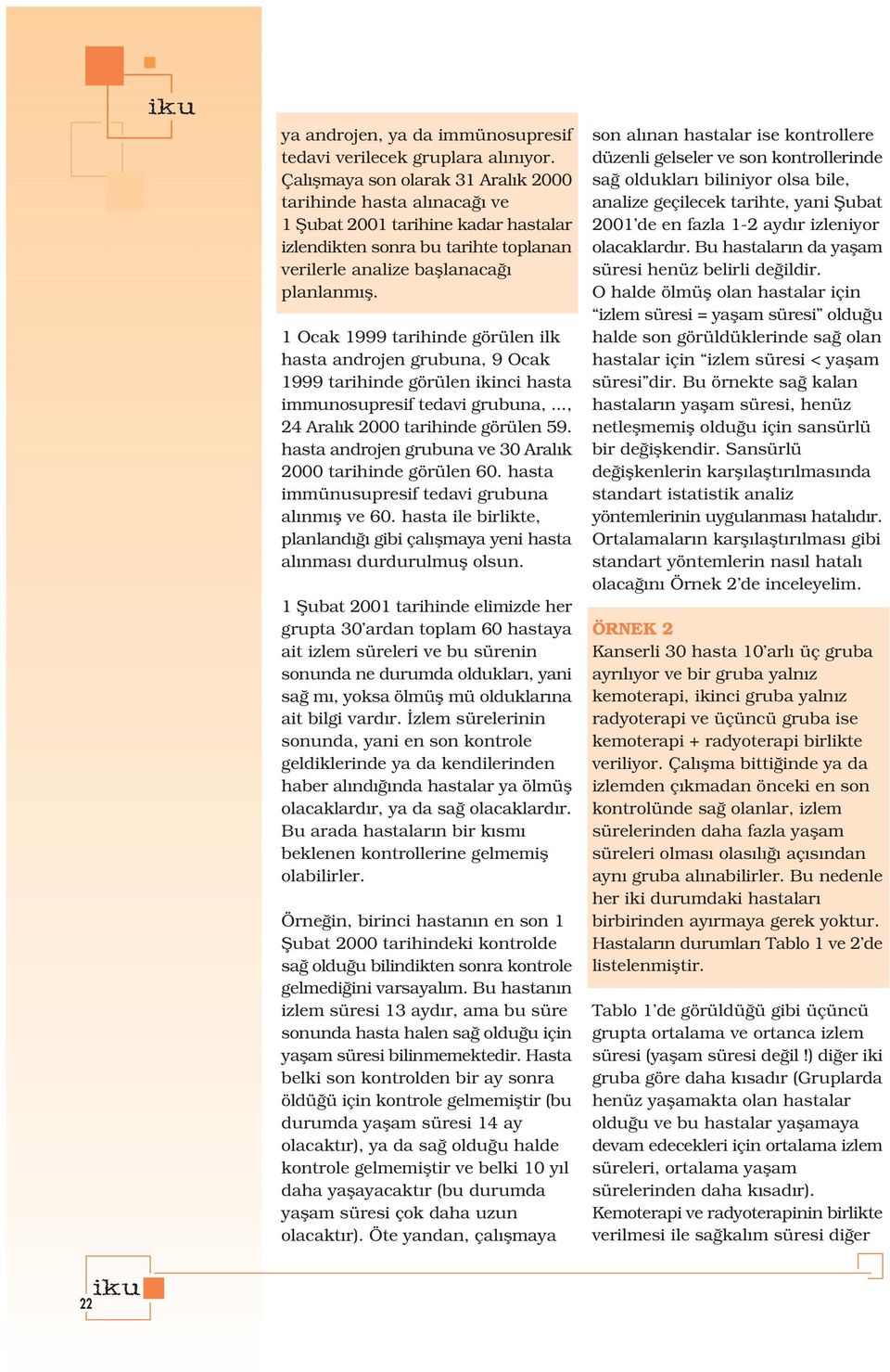 1 Ocak 1999 tarihinde görülen ilk hasta androjen grubuna, 9 Ocak 1999 tarihinde görülen ikinci hasta immunosupresif tedavi grubuna,..., 24 Aral k 2000 tarihinde görülen 59.