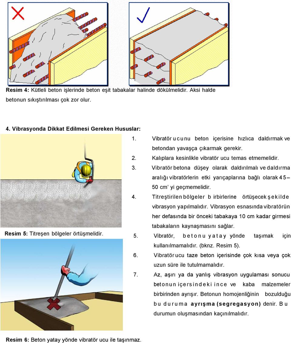 Vibratör betona düşey olarak daldırılmalı ve daldırma aralığı vibratörlerin etki yarıçaplarına bağlı olarak 4 5 50 cm yi geçmemelidir. 4. Titreştirilen bölgeler b irbirlerine örtüşecek ş e k i l d e vibrasyon yapılmalıdır.