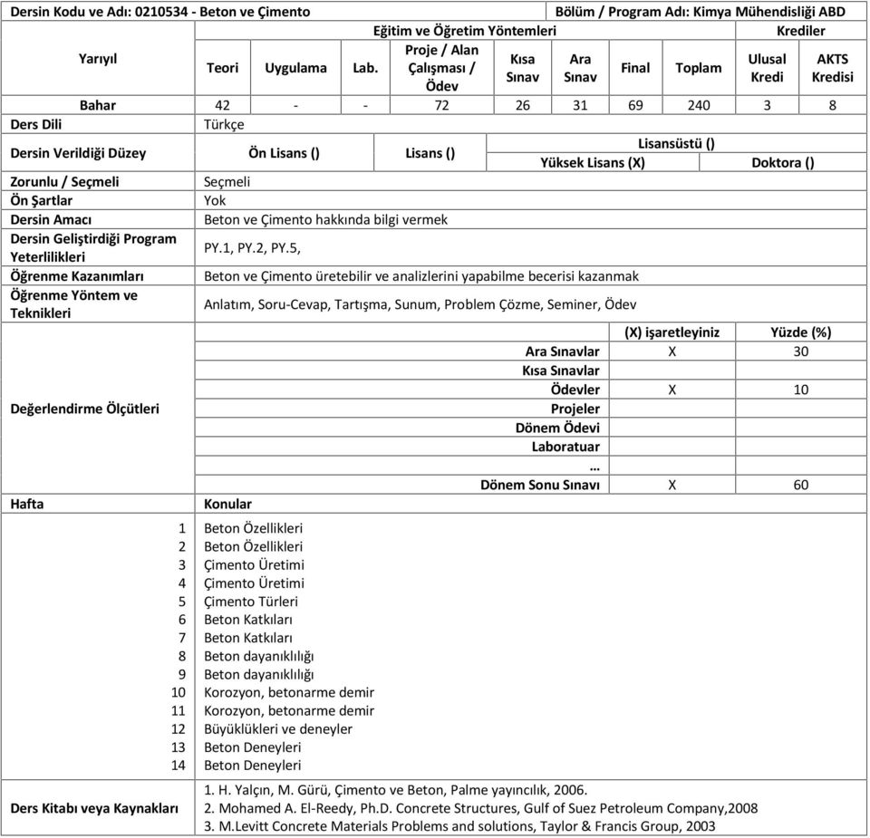 , PY., Öğrenme Kazanımları Beton ve Çimento üretebilir ve analizlerini yapabilme becerisi kazanmak Anlatım, Soru-Cevap, Tartışma, Sunum, Problem Çözme, Seminer, Ödev Ara lar X 0 Kısa lar Ödevler X 0