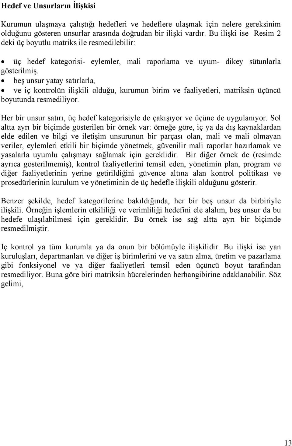 beş unsur yatay satırlarla, ve iç kontrolün ilişkili olduğu, kurumun birim ve faaliyetleri, matriksin üçüncü boyutunda resmediliyor.