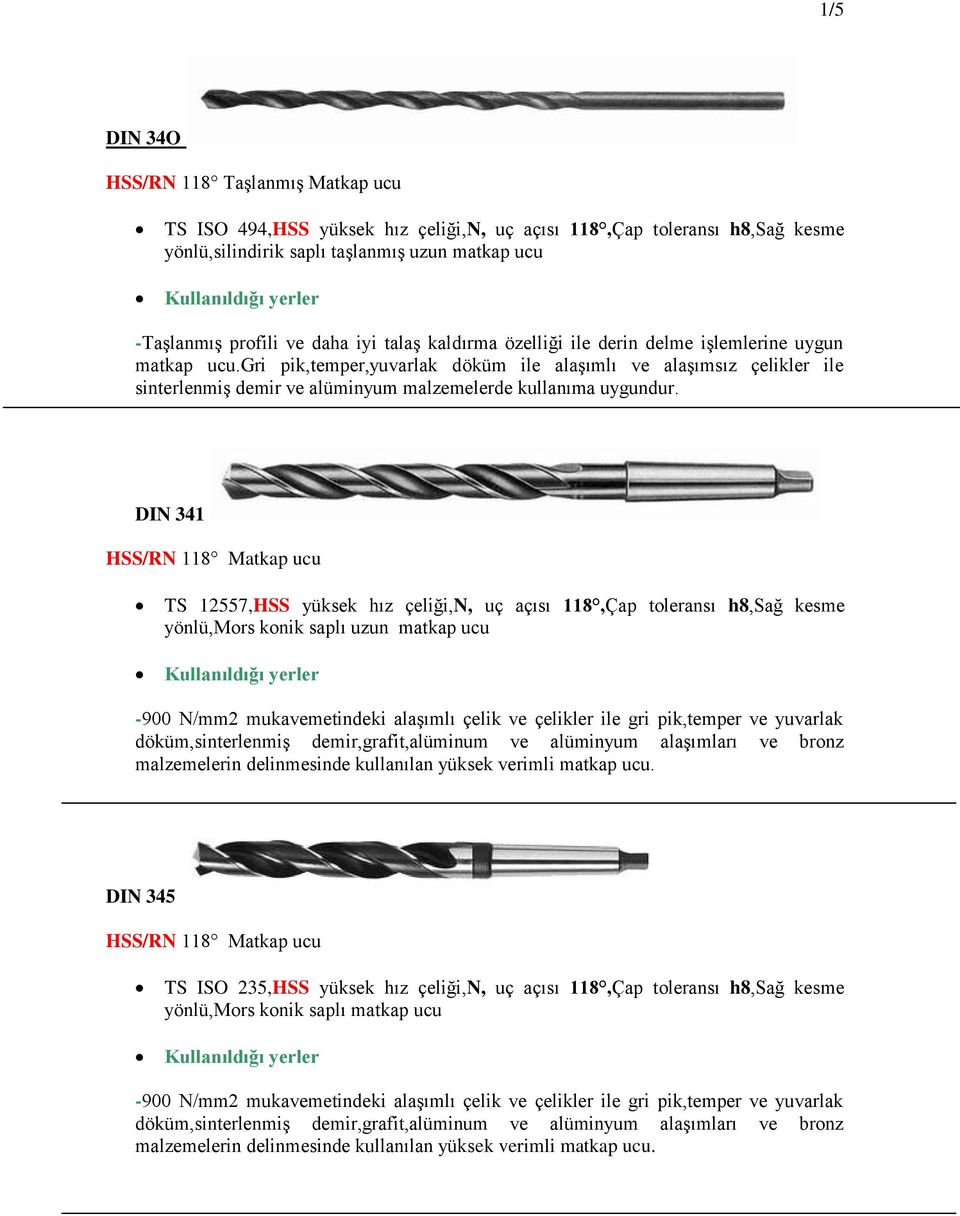 gri pik,temper,yuvarlak döküm ile alaşımlı ve alaşımsız çelikler ile sinterlenmiş demir ve alüminyum malzemelerde kullanıma uygundur.