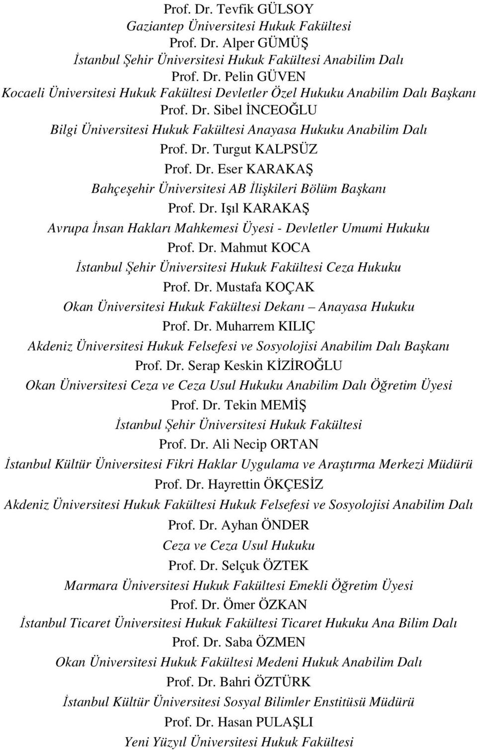 Dr. Mahmut KOCA İstanbul Şehir Üniversitesi Hukuk Fakültesi Ceza Hukuku Prof. Dr. Mustafa KOÇAK Okan Üniversitesi Hukuk Fakültesi Dekanı Anayasa Hukuku Prof. Dr. Muharrem KILIÇ Akdeniz Üniversitesi Hukuk Felsefesi ve Sosyolojisi Anabilim Dalı Başkanı Prof.