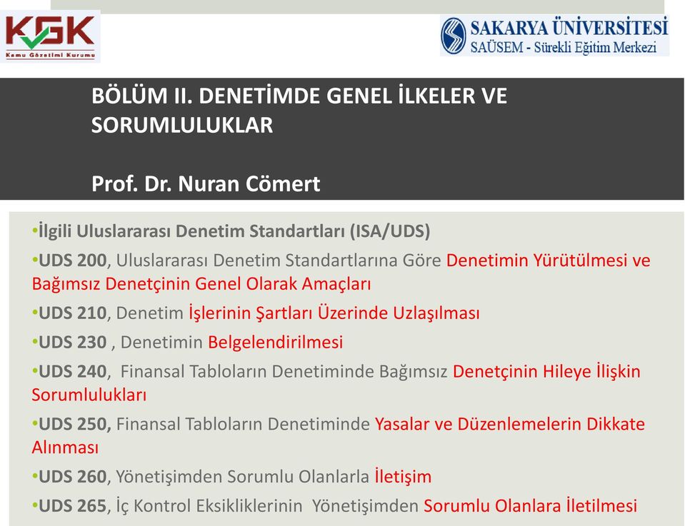 Genel Olarak Amaçları UDS 210, Denetim İşlerinin Şartları Üzerinde Uzlaşılması UDS 230, Denetimin Belgelendirilmesi UDS 240, Finansal Tabloların Denetiminde