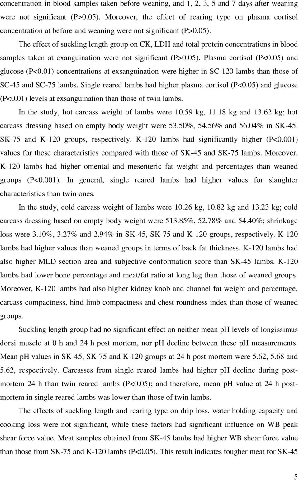 The effect of suckling length group on CK, LDH and total protein concentrations in blood samples taken at exanguination were not significant (P>0.05). Plasma cortisol (P<0.05) and glucose (P<0.