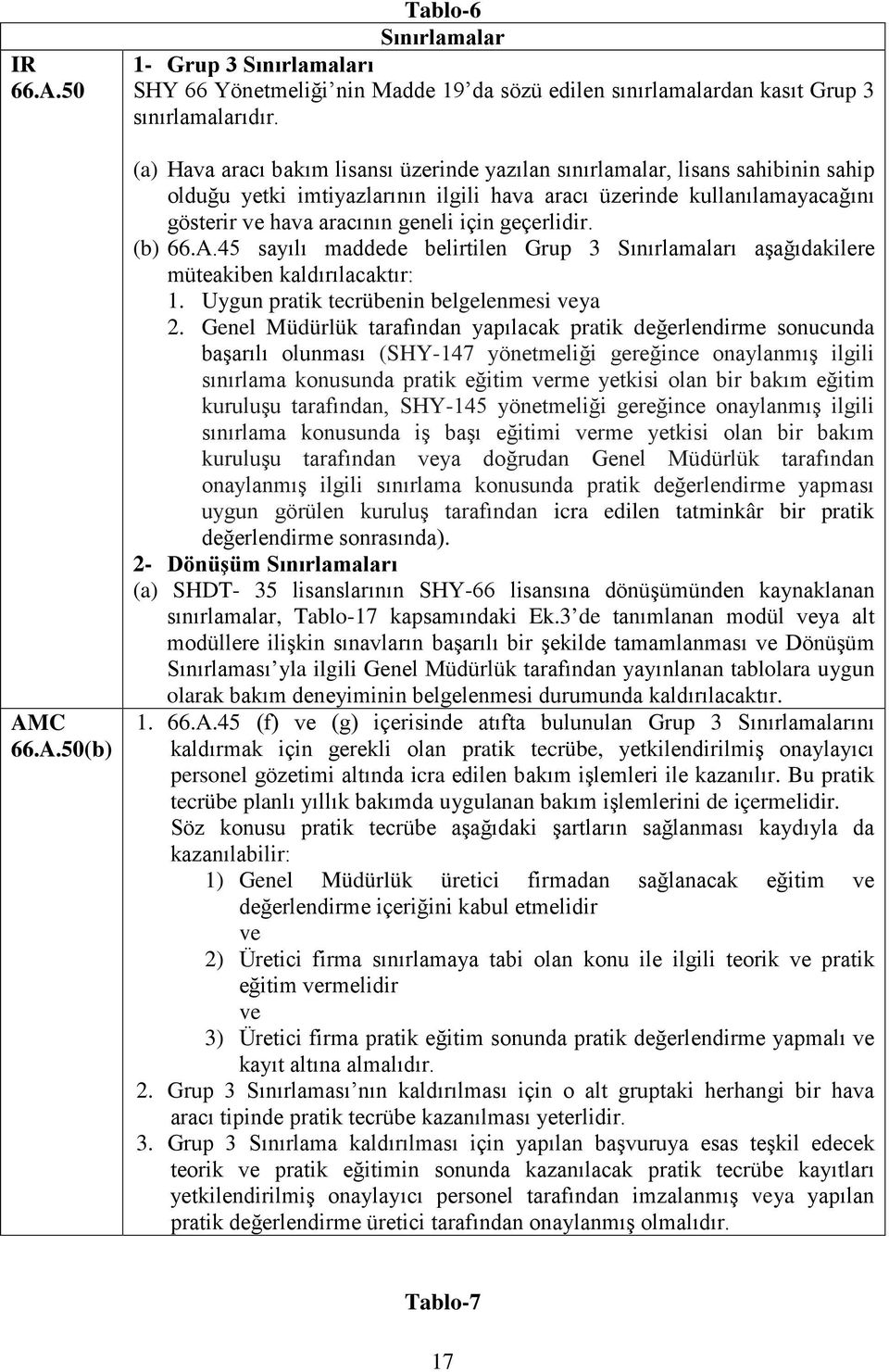 geçerlidir. (b) 66.A.45 sayılı maddede belirtilen Grup 3 Sınırlamaları aşağıdakilere müteakiben kaldırılacaktır: 1. Uygun pratik tecrübenin belgelenmesi veya 2.