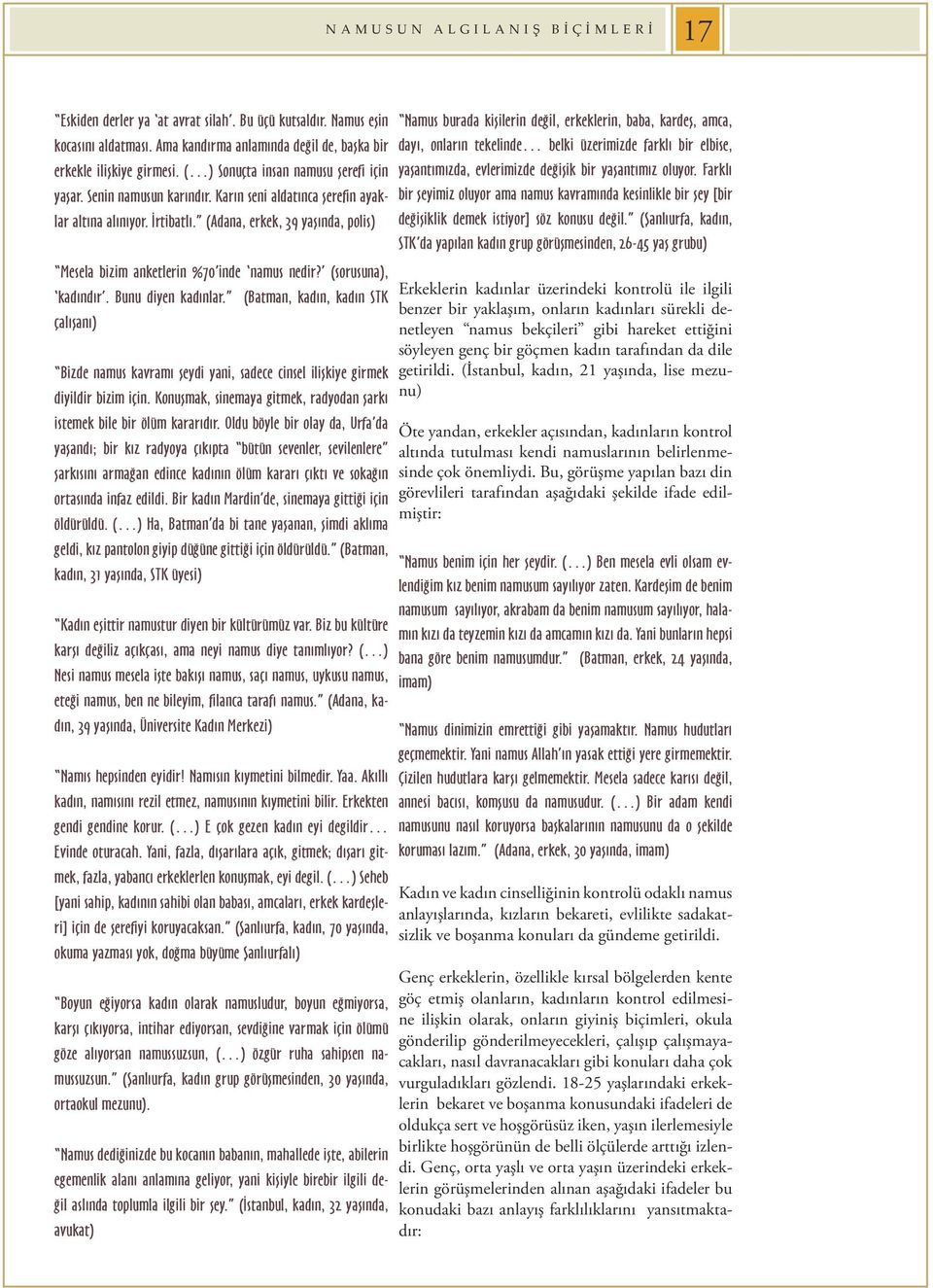 İrtibatlı. (Adana, erkek, 39 yaşında, polis) Mesela bizim anketlerin %70 inde namus nedir? (sorusuna), kadındır. Bunu diyen kadınlar.