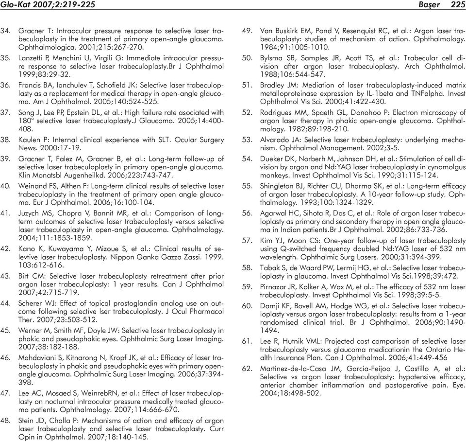 Francis BA, Ianchulev T, Schofield JK: Selective laser trabeculoplasty as a replacement for medical therapy in open-angle glaucoma. Am J Ophthalmol. 2005;140:524-525. 37.