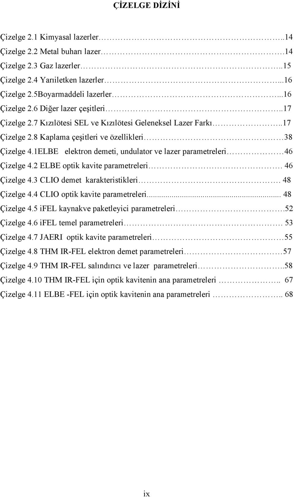 ELBE optik kavite parametreleri. 46 Çizelge 4.3 CLIO demet karakteristikleri. 48 Çizelge 4.4 CLIO optik kavite parametreleri... 48 Çizelge 4.5 ifel kaynakve paketleyici parametreleri.5 Çizelge 4.