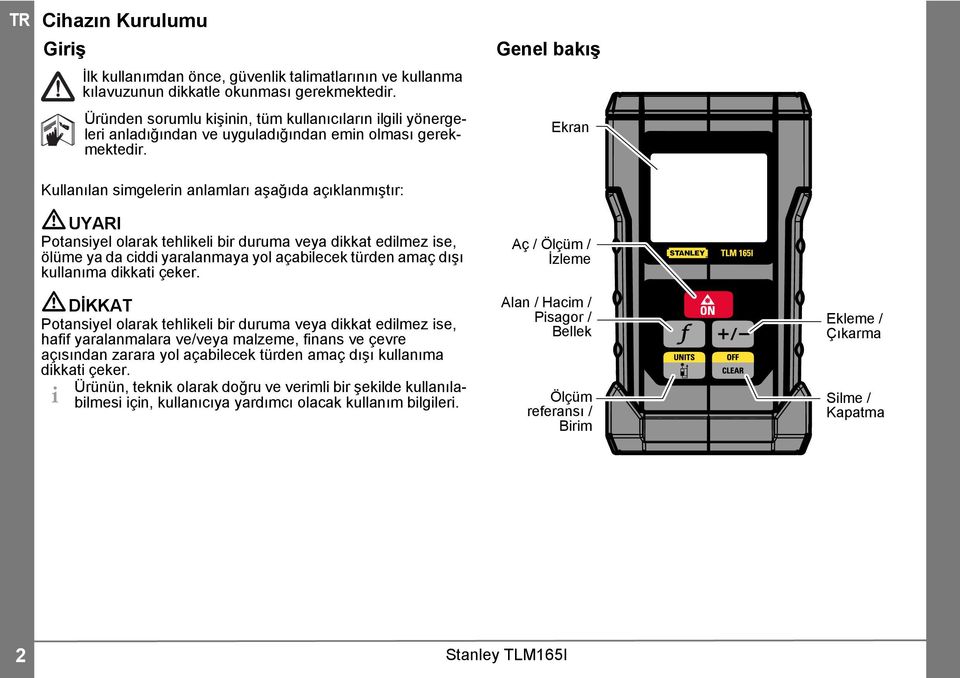 Genel bakış Ekran Kullanılan simgelerin anlamları aşağıda açıklanmıştır: UYARI Potansiyel olarak tehlikeli bir duruma veya dikkat edilmez ise, ölüme ya da ciddi yaralanmaya yol açabilecek türden amaç