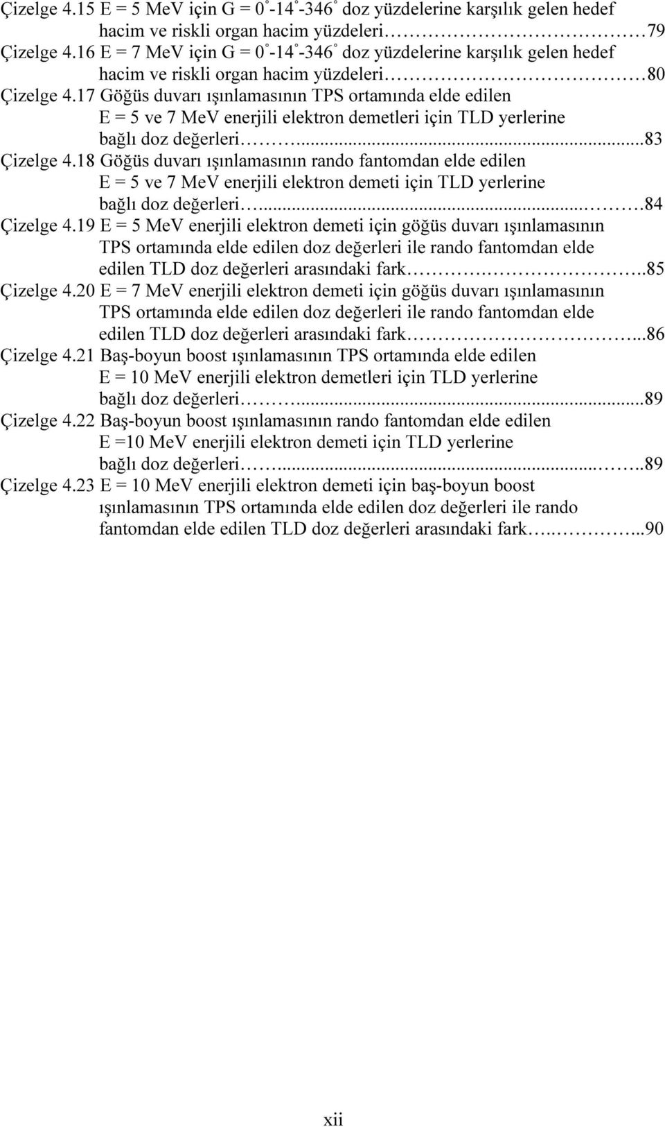 17 Göğüs duvarı ışınlamasının TPS ortamında elde edilen E = 5 ve 7 MeV enerjili elektron demetleri için TLD yerlerine bağlı doz değerleri...83 Çizelge 4.