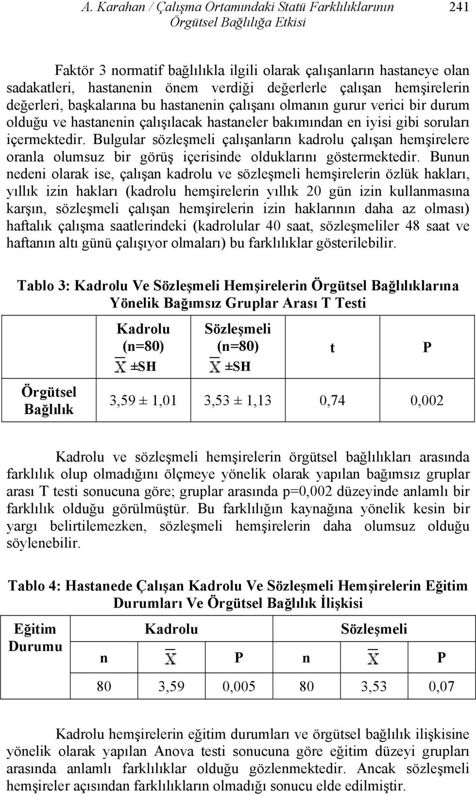 Bulgular sözleşmeli çalışanların kadrolu çalışan hemşirelere oranla olumsuz bir görüş içerisinde olduklarını göstermektedir.