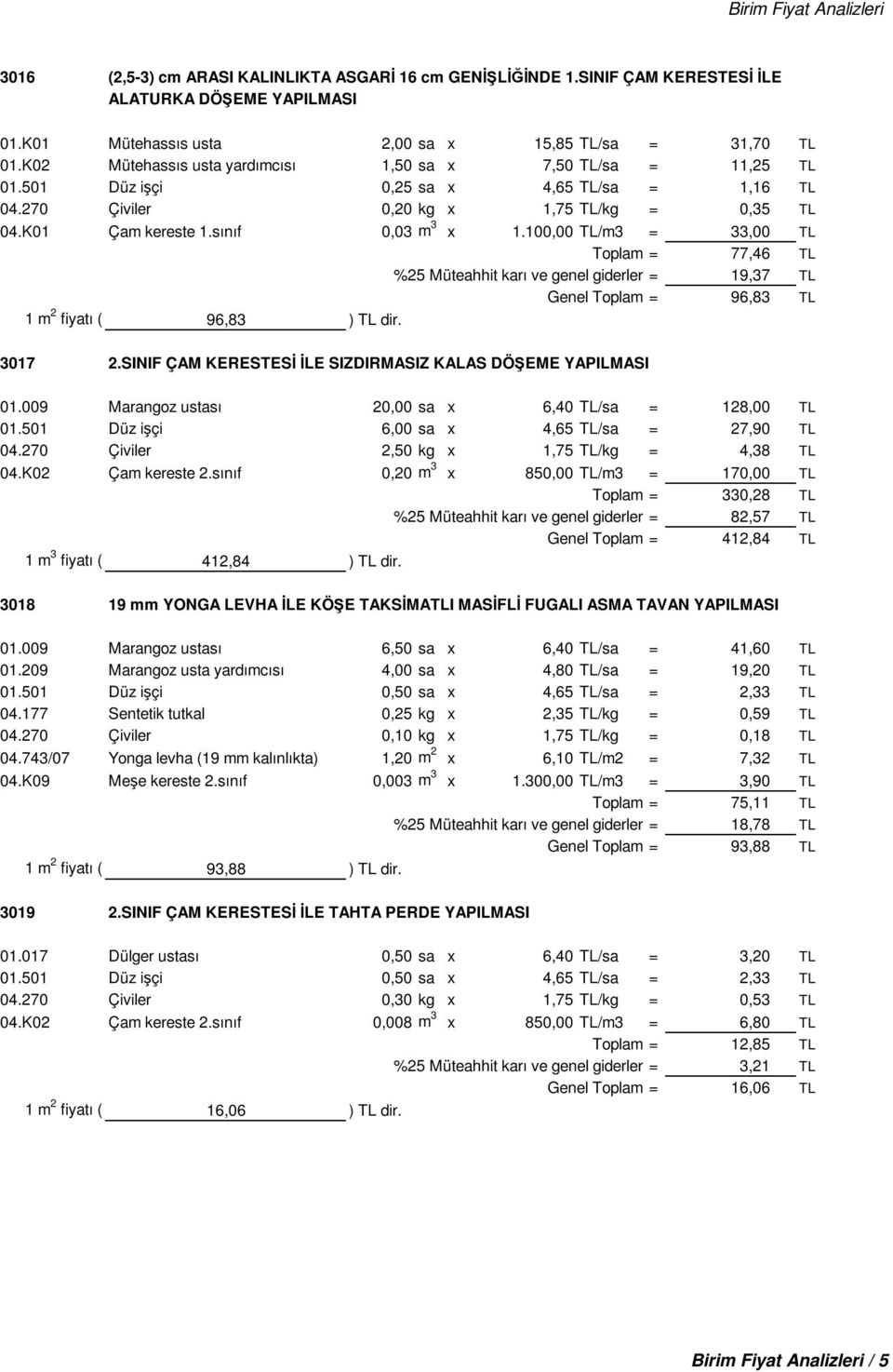 100,00 TL/m3 = 33,00 TL Toplam = 77,46 TL %25 Müteahhit karı ve genel giderler = 19,37 TL Genel Toplam = 96,83 TL 1 m 2 fiyatı ( 96,83 ) TL dir. 3017 2.