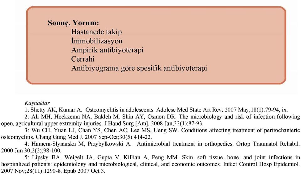 J Hand Surg [Am]. 2008 Jan;33(1):87-93. 3: Wu CH, Yuan LJ, Chan YS, Chen AC, Lee MS, Ueng SW. Conditions affecting treatment of pertrochanteric osteomyelitis. Chang Gung Med J.