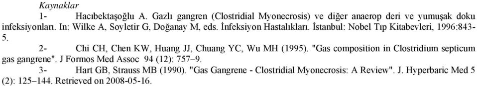 2- Chi CH, Chen KW, Huang JJ, Chuang YC, Wu MH (1995). "Gas composition in Clostridium septicum gas gangrene".