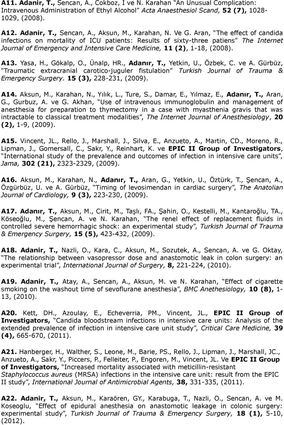 Aran, The effect of candida infections on mortality of ICU patients: Results of sixty-three patiens The Internet Journal of Emergency and Intensive Care Medicine, 11 (2), 1-18, (2008). A13. Yasa, H.