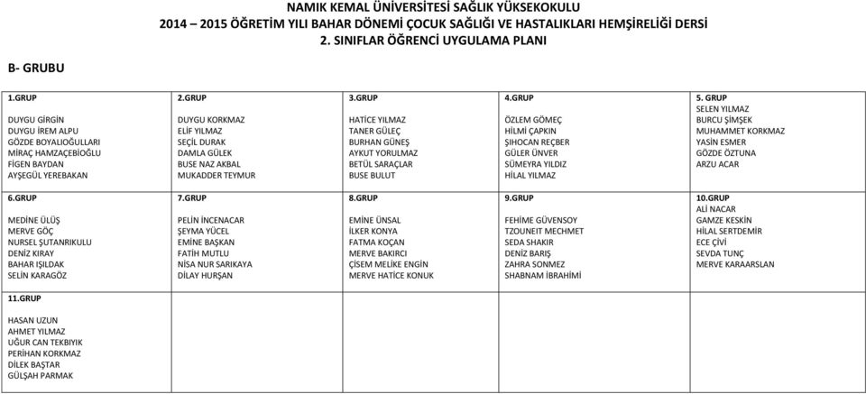 BULUT ÖZLEM GÖMEÇ HİLMİ ÇAPKIN ŞIHOCAN REÇBER GÜLER ÜNVER SÜMEYRA YILDIZ HİLAL YILMAZ SELEN YILMAZ BURCU ŞİMŞEK MUHAMMET KORKMAZ YASİN ESMER GÖZDE ÖZTUNA ARZU ACAR MEDİNE ÜLÜŞ MERVE GÖÇ NURSEL