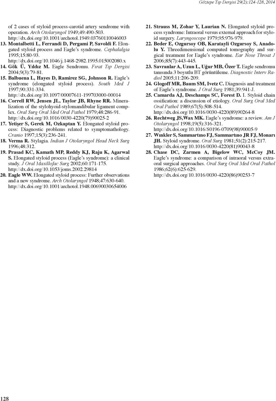 Eagle Sendromu. Fırat Tıp Dergisi 2004;9(3):79-81. 15. Balbuena L, Hayes D, Ramirez SG, Johnson R. Eagle s syndrome (elongated styloid process). South Med J 1997;90:331-334. http://dx.doi.org/10.
