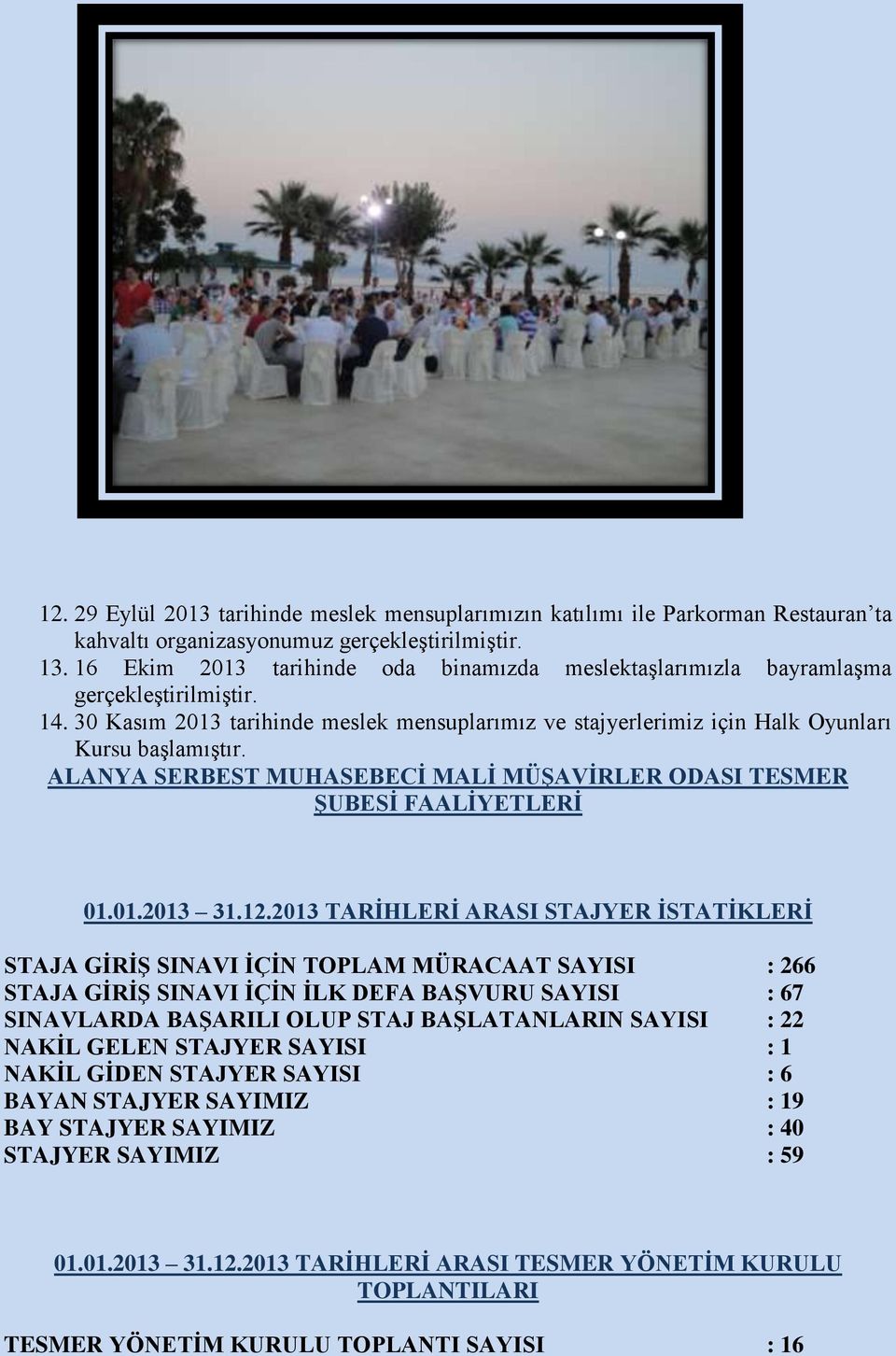 ALANYA SERBEST MUHASEBECİ MALİ MÜŞAVİRLER ODASI TESMER ŞUBESİ FAALİYETLERİ 01.01.2013 31.12.