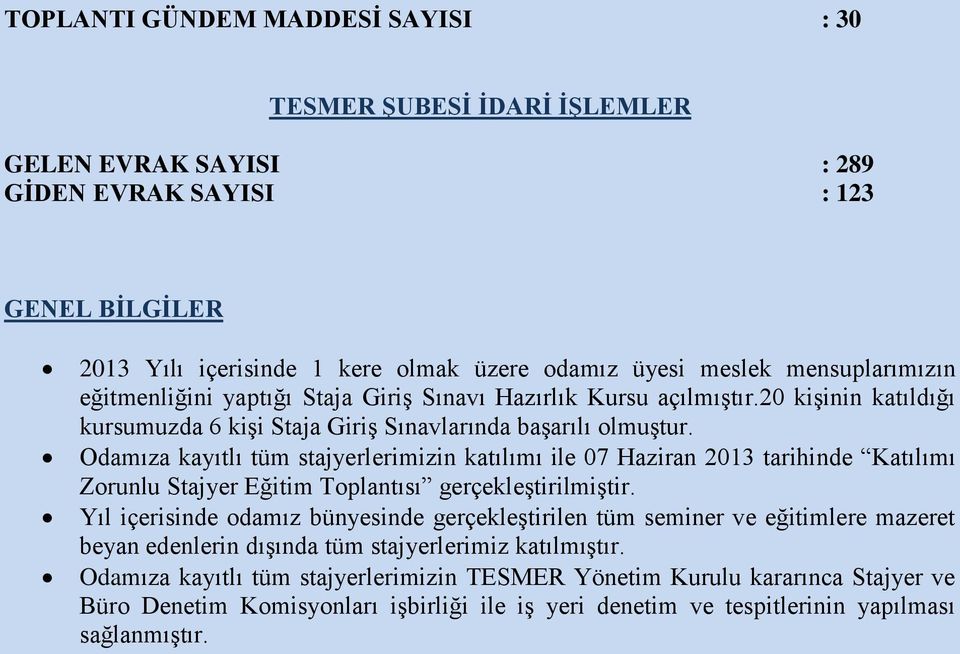 Odamıza kayıtlı tüm stajyerlerimizin katılımı ile 07 Haziran 2013 tarihinde Katılımı Zorunlu Stajyer Eğitim Toplantısı gerçekleştirilmiştir.