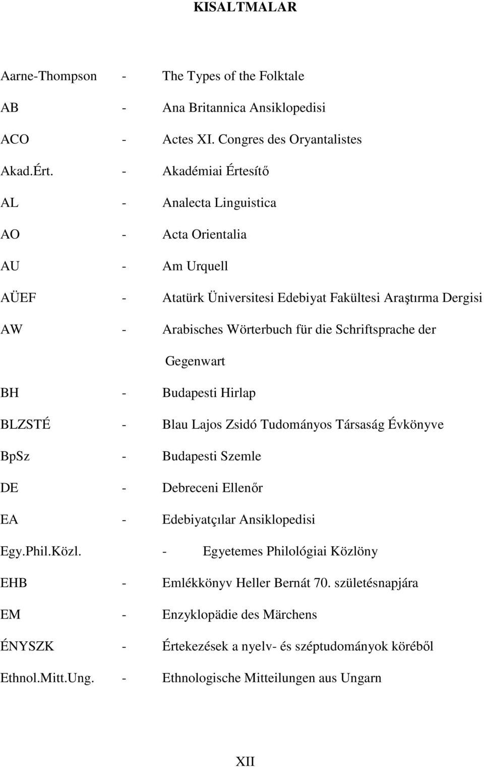 Schriftsprache der Gegenwart BH - Budapesti Hirlap BLZSTÉ - Blau Lajos Zsidó Tudományos Társaság Évkönyve BpSz - Budapesti Szemle DE - Debreceni Ellenőr EA - Edebiyatçılar Ansiklopedisi