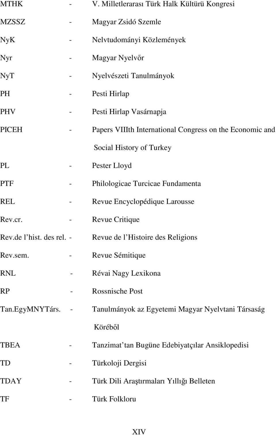 Vasárnapja PICEH - Papers VIIIth International Congress on the Economic and Social History of Turkey PL - Pester Lloyd PTF - Philologicae Turcicae Fundamenta REL - Revue Encyclopédique Larousse