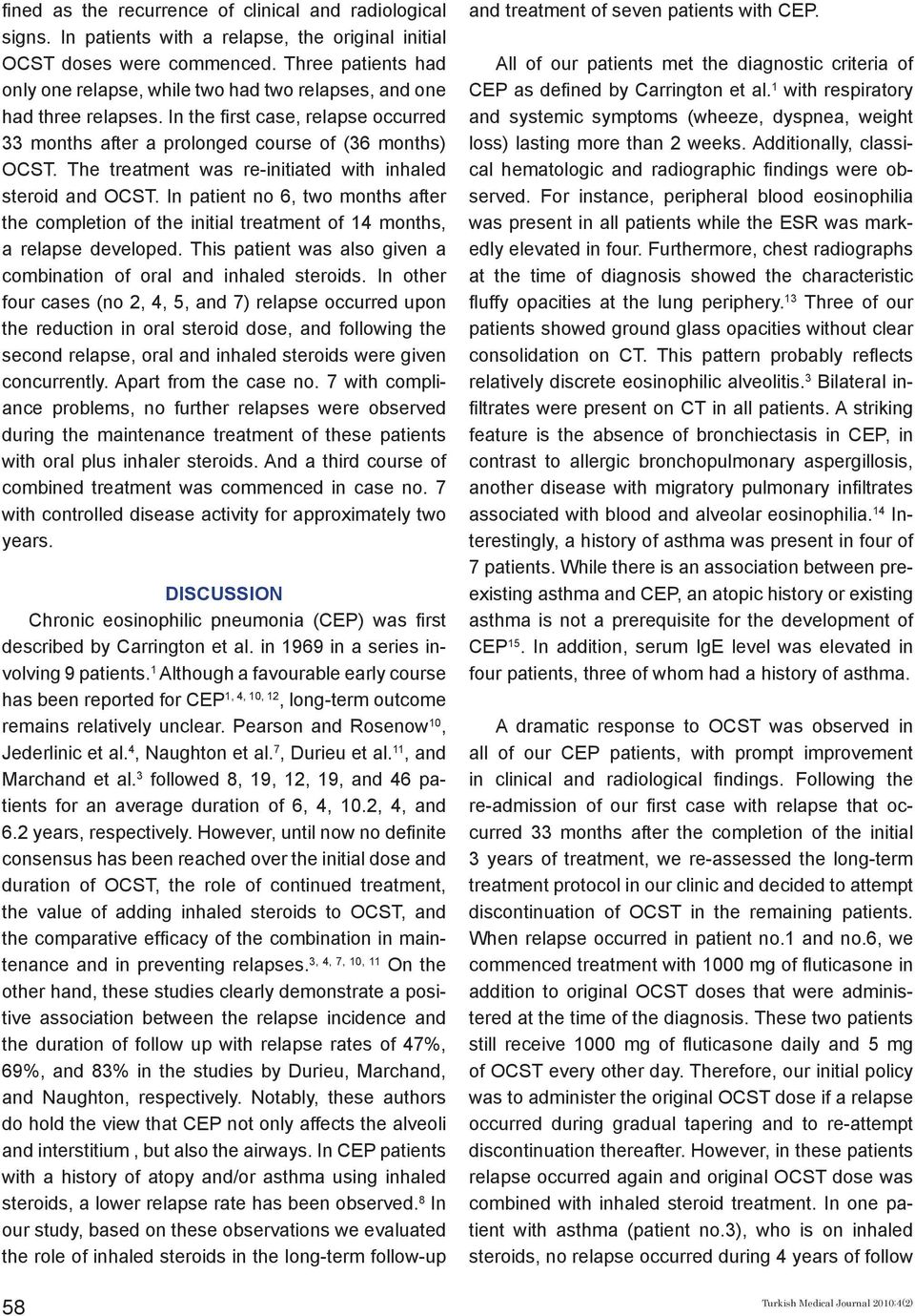 The treatment was re-initiated with inhaled steroid and OCST. In patient no 6, two months after the completion of the initial treatment of 14 months, a relapse developed.