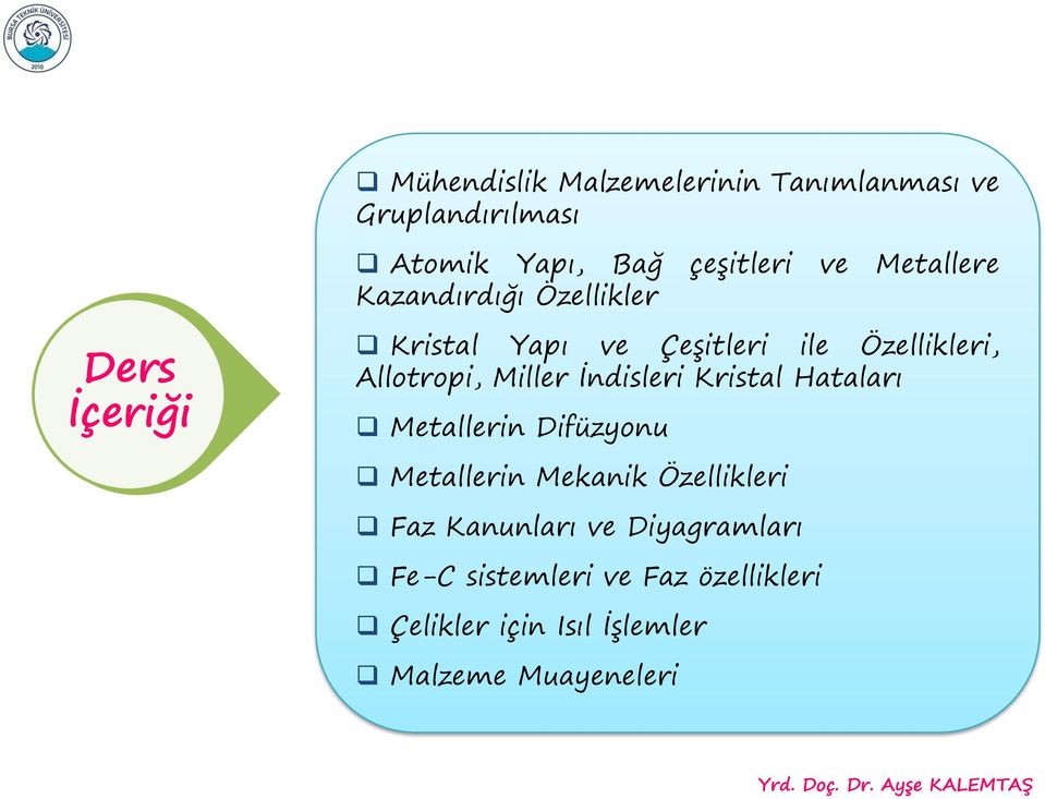 Allotropi, Miller İndisleri Kristal Hataları Metallerin Difüzyonu Metallerin Mekanik Özellikleri