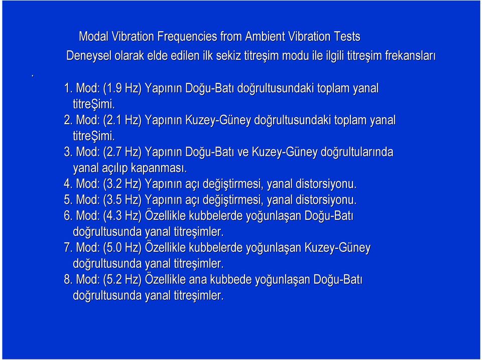 4. Mod: (3.2 Hz) Yapının açı değiştirmesi tirmesi, yanal distorsiyonu. 5. Mod: (3.5 Hz) Yapının açı değiştirmesi tirmesi, yanal distorsiyonu. 6. Mod: (4.