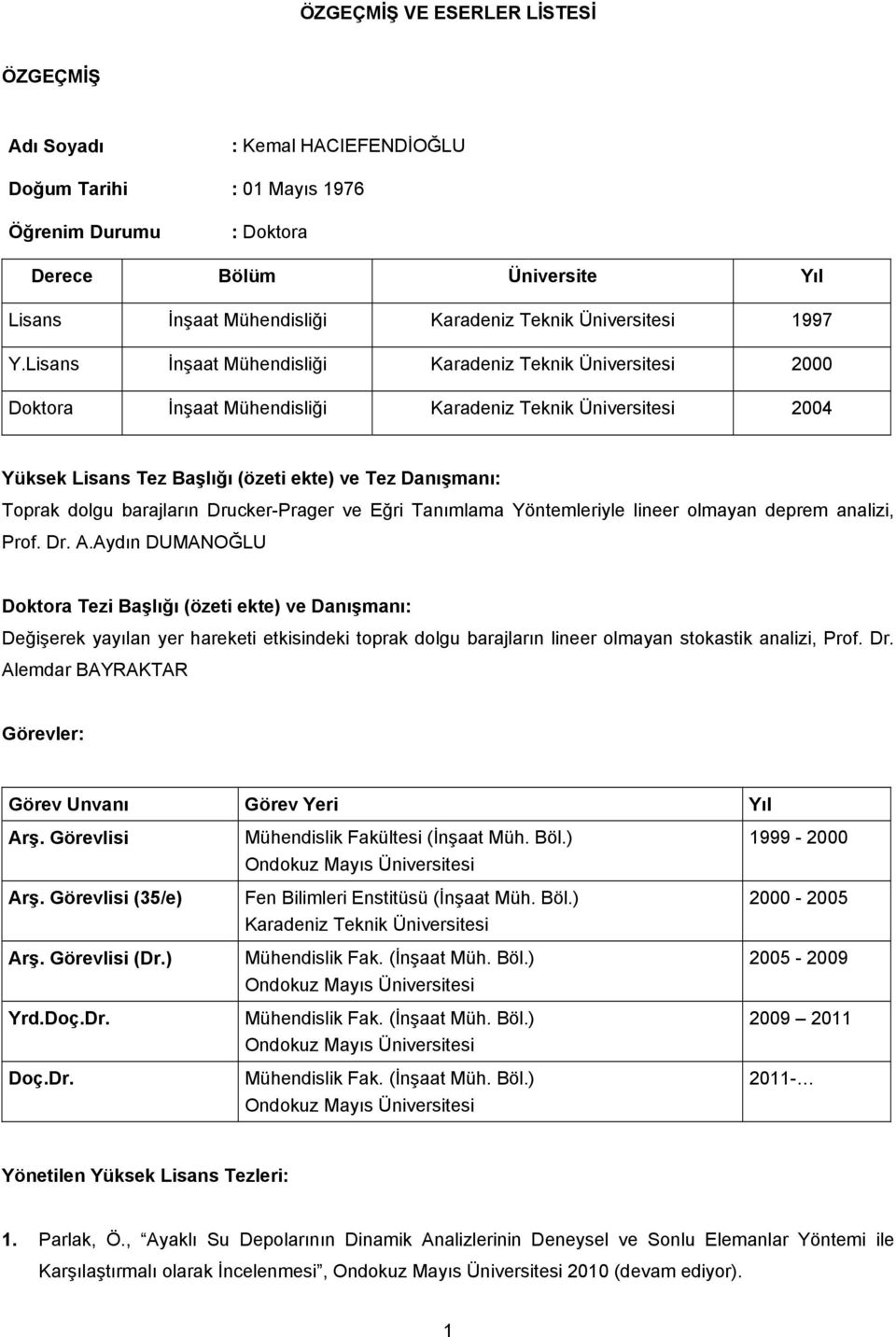 Lisans İnşaat Mühendisliği Karadeniz Teknik Üniversitesi 2000 Doktora İnşaat Mühendisliği Karadeniz Teknik Üniversitesi 2004 Yüksek Lisans Tez Başlığı (özeti ekte) ve Tez Danışmanı: Toprak dolgu