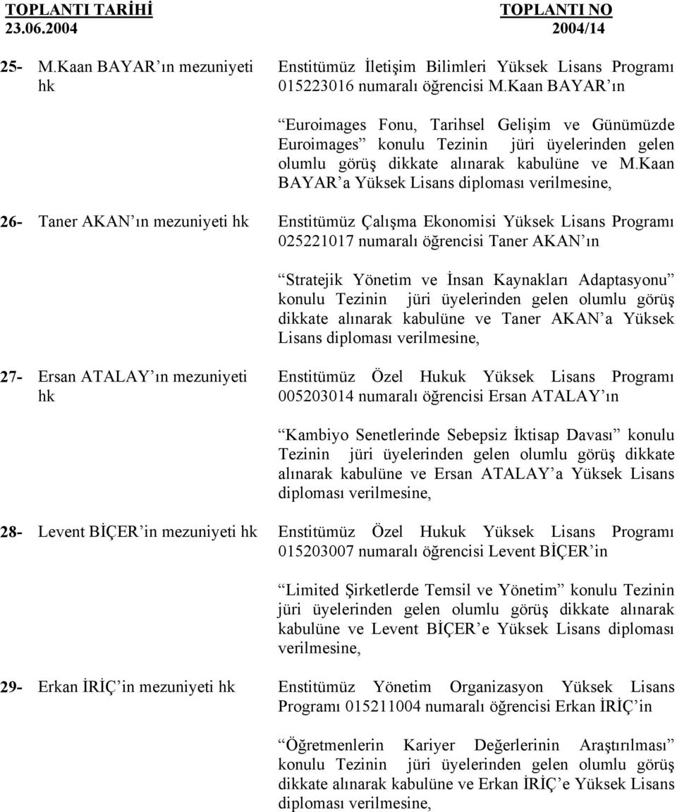 Kaan BAYAR a Yüksek Lisans diploması 26- Taner AKAN ın mezuniyeti Enstitümüz Çalışma Ekonomisi Yüksek Lisans Programı 025221017 numaralı öğrencisi Taner AKAN ın Stratejik Yönetim ve İnsan Kaynakları