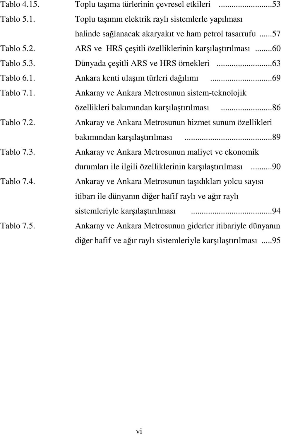 Ankara kenti ulaşım türleri dağılımı...69 Tablo 7.1. Ankaray ve Ankara Metrosunun sistem-teknolojik özellikleri bakımından karşılaştırılması...86 Tablo 7.2.