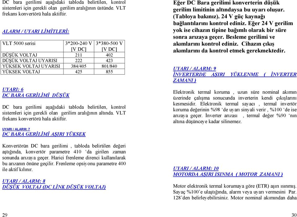 DC BARA GERİLİMİ DÜŞÜK DC bara gerilimi aşağıdaki tabloda belirtilen, kontrol sistemleri için gerekli olan gerilim aralığının altında. VLT frekans konvertörü hala aktiftir.