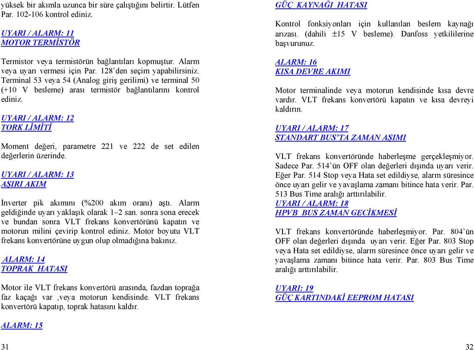UYARI / ALARM: 12 TORK LİMİTİ Moment değeri, parametre 221 ve 222 de set edilen değerlerin üzerinde. UYARI / ALARM: 13 AŞIRI AKIM İnverter pik akımını (%200 akım oranı) aştı.