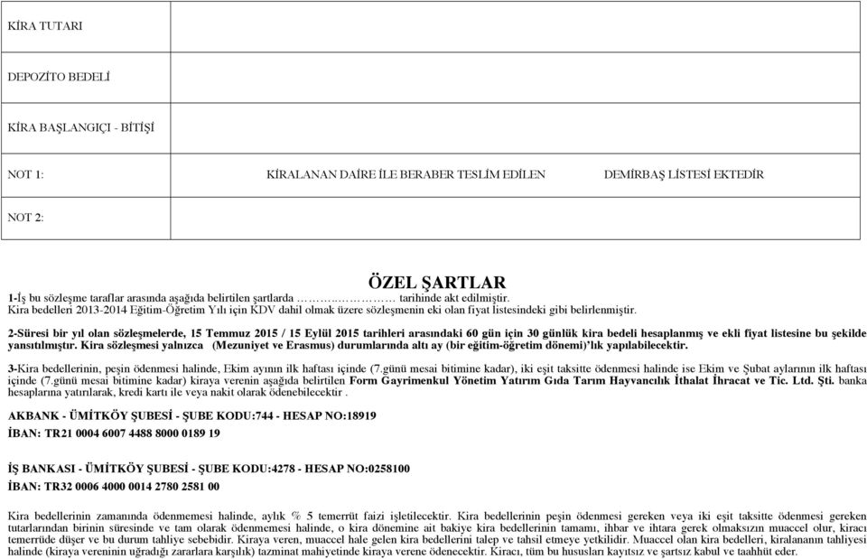 2-Süresi bir yıl olan sözleşmelerde, 15 Temmuz 2015 / 15 Eylül 2015 tarihleri arasındaki 60 gün için 30 günlük kira bedeli hesaplanmış ve ekli fiyat listesine bu şekilde yansıtılmıştır.