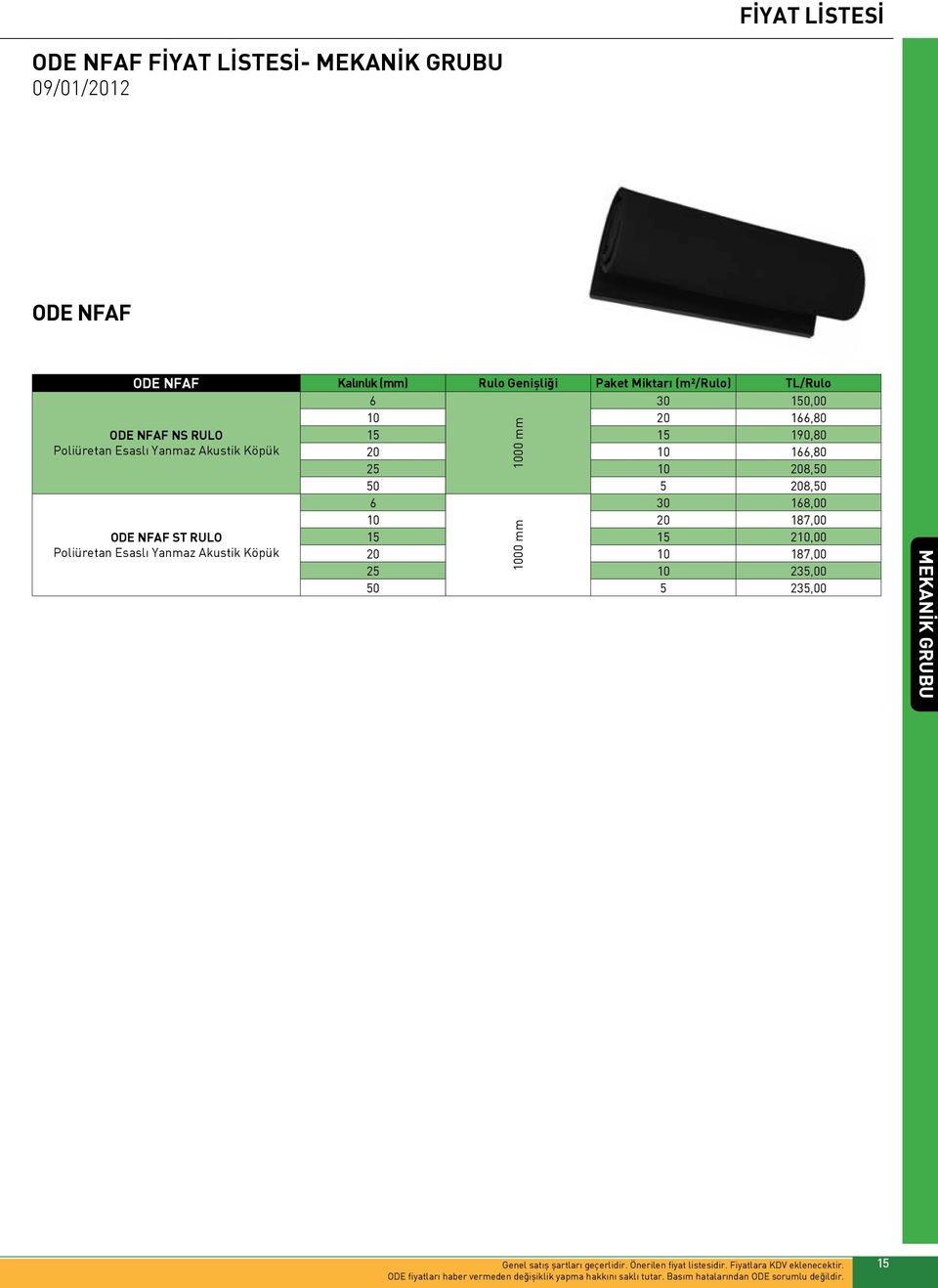 208,50 6 30 168,00 ODE NFAF ST RULO Poliüretan Esaslı Yanmaz Akustik Köpük 1000 mm 10 20 187,00 15 15 210,00 20 10 187,00 25 10