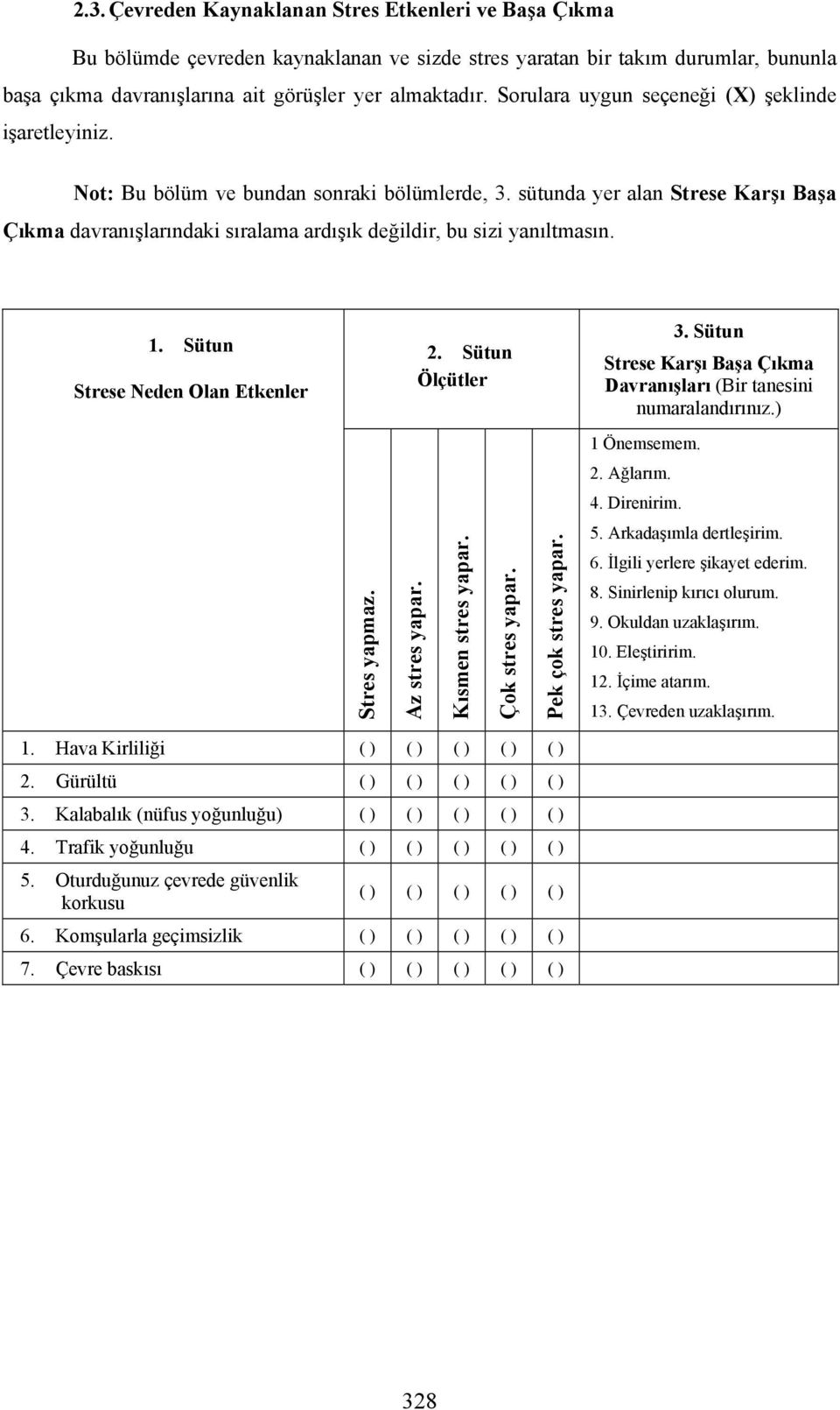 sütunda yer alan Strese Karşı Başa Çıkma davranışlarındaki sıralama ardışık değildir, bu sizi yanıltmasın. 1. Sütun Strese Neden Olan Etkenler 2. Sütun Ölçütler 3.