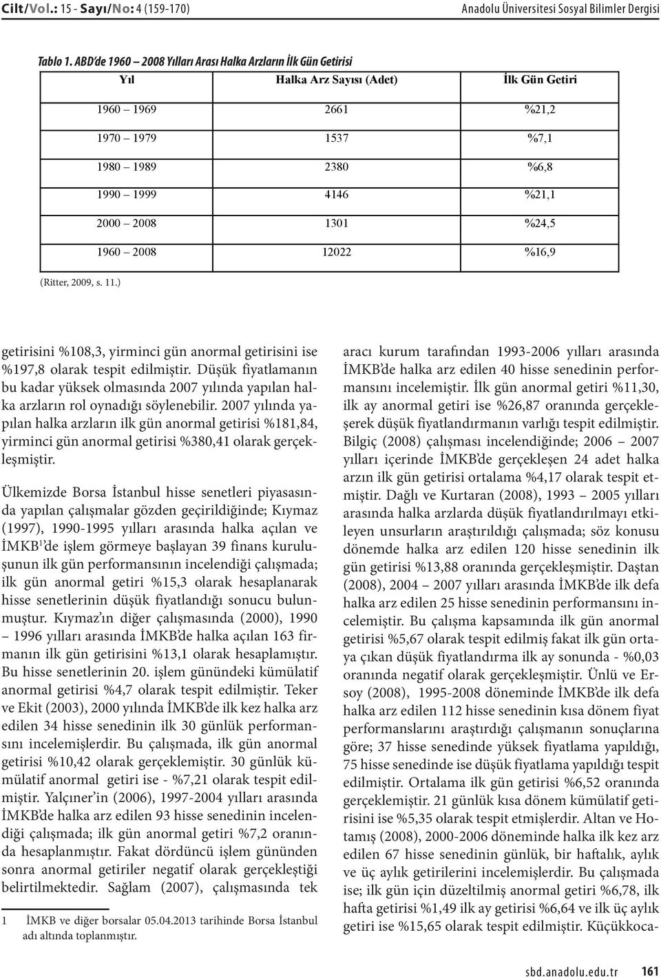 ) 1960 1969 2661 %21,2 1970 1979 1537 %7,1 1980 1989 2380 %6,8 1990 1999 4146 %21,1 2000 2008 1301 %24,5 1960 2008 12022 %16,9 getirisini %108,3, yirminci gün anormal getirisini ise %197,8 olarak