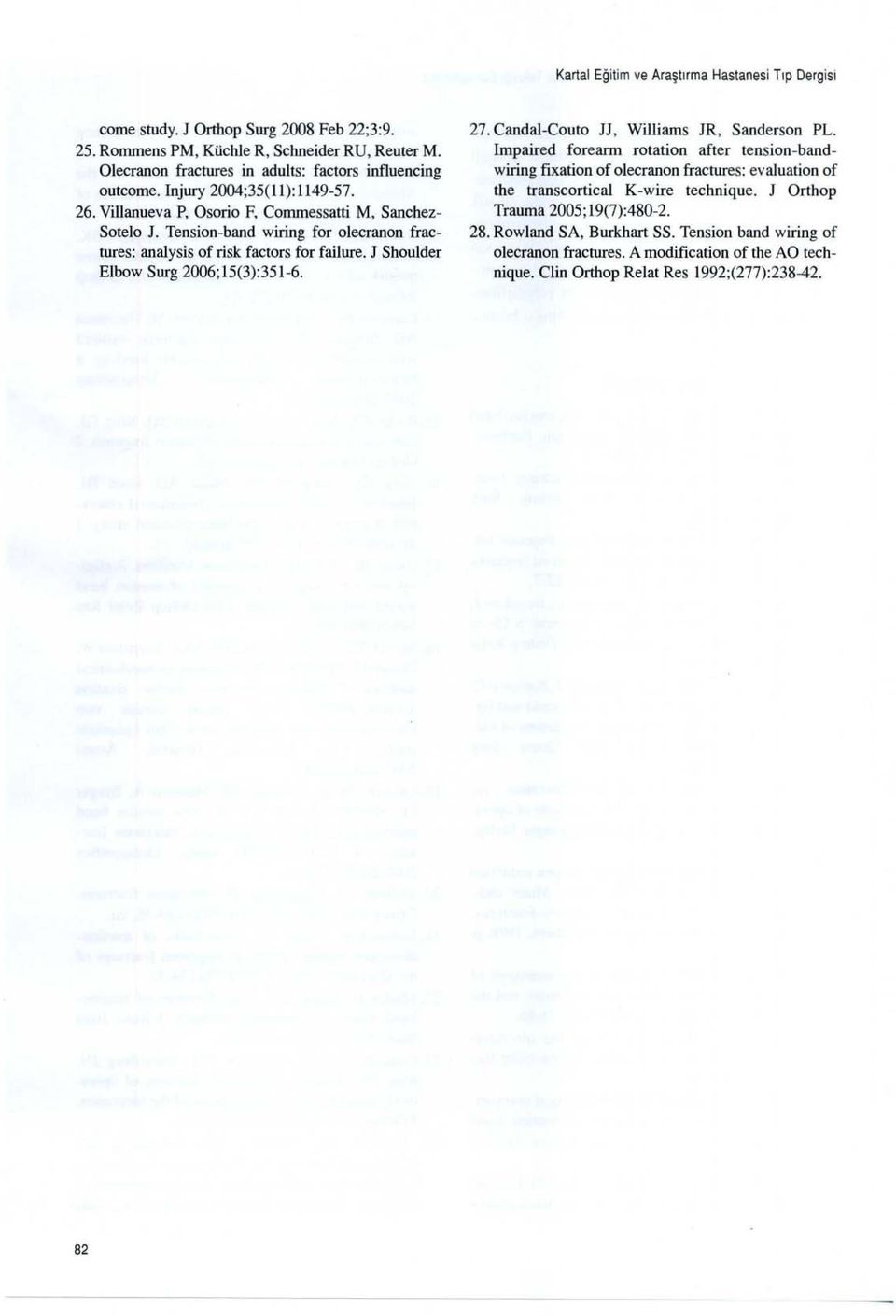 Tension-band wiring for olecranon fractures: analysis of risk factors for failure. J Shoulder Elbow Surg 2006;15(3):351-6. 27. Candal-Couto JJ, Williams JR, Sanderson PL.