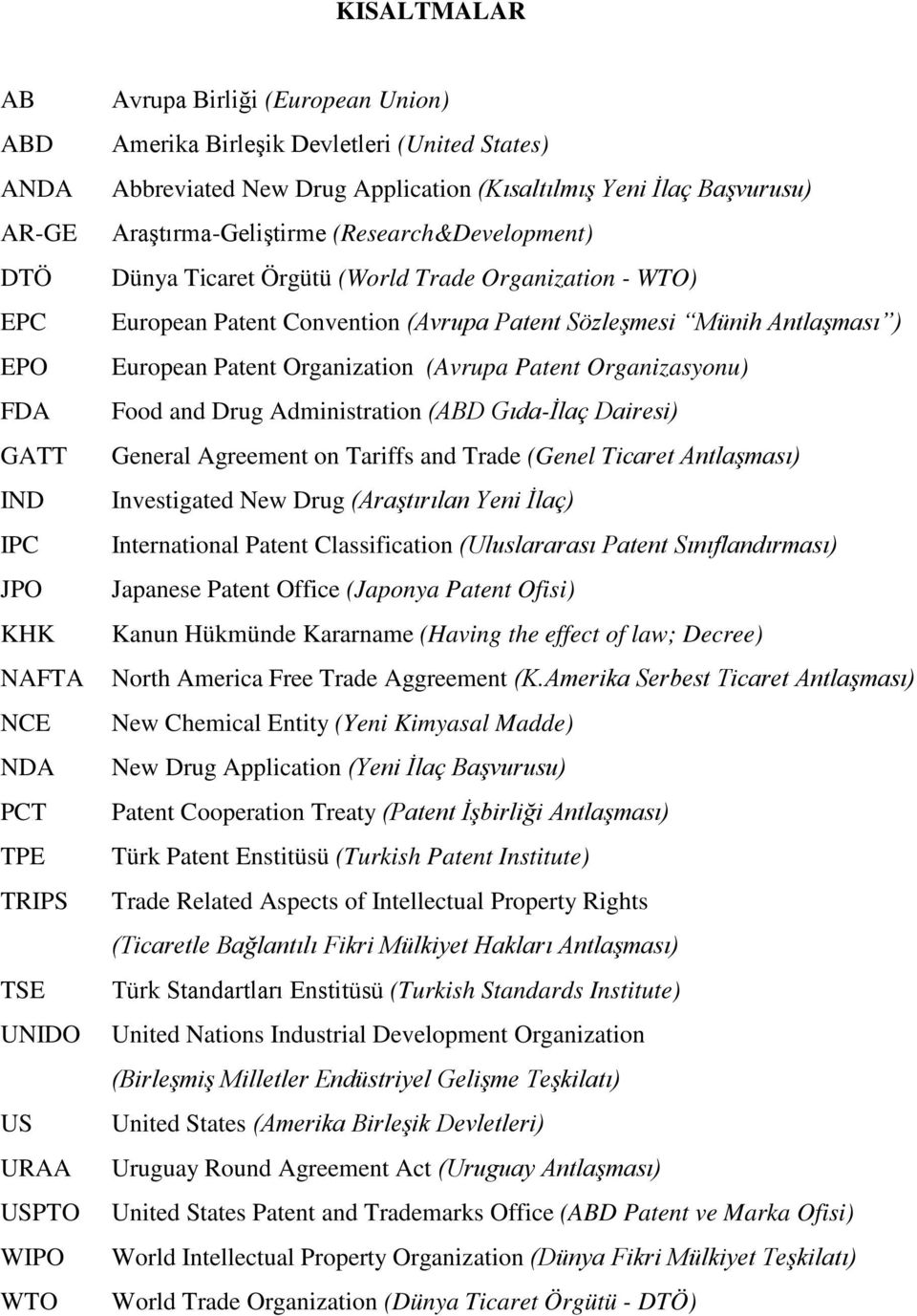 (Avrupa Patent Sözleşmesi Münih Antlaşması ) European Patent Organization (Avrupa Patent Organizasyonu) Food and Drug Administration (ABD Gıda-İlaç Dairesi) General Agreement on Tariffs and Trade