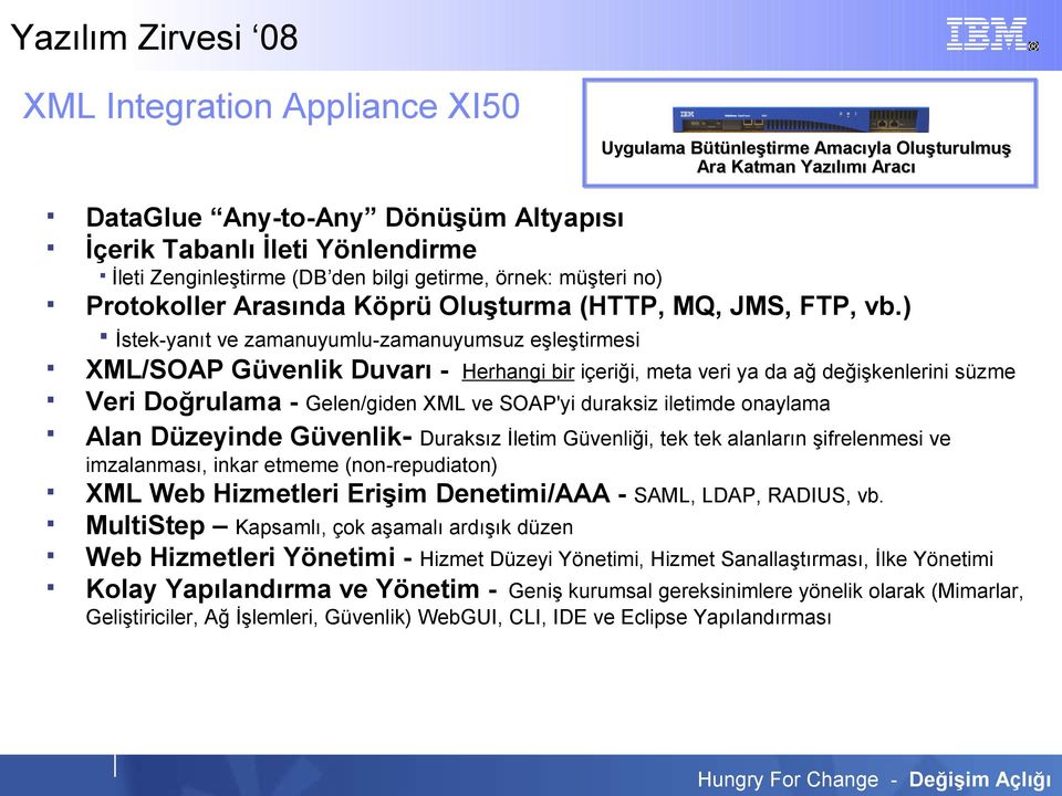 ) İstek-yanıt ve zamanuyumlu-zamanuyumsuz eşleştirmesi XML/SOAP Güvenlik Duvarı - Herhangi bir içeriği, meta veri ya da ağ değişkenlerini süzme Veri Doğrulama - Gelen/giden XML ve SOAP'yi duraksiz