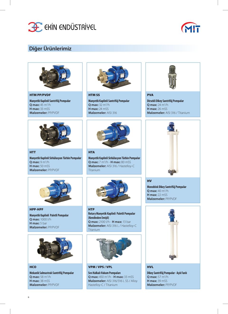 mss Malzemeler: PP/PVDF HTA Manyetik Kaplinli Sirkülasyon Türbin Pompalar Q max: 7 m 3 /h - H max: 80 mss Malzemeler: AISI 316 / Hastelloy-C Titanium HV Monoblok Dikey Santrifüj Pompalar Q max: 40 m