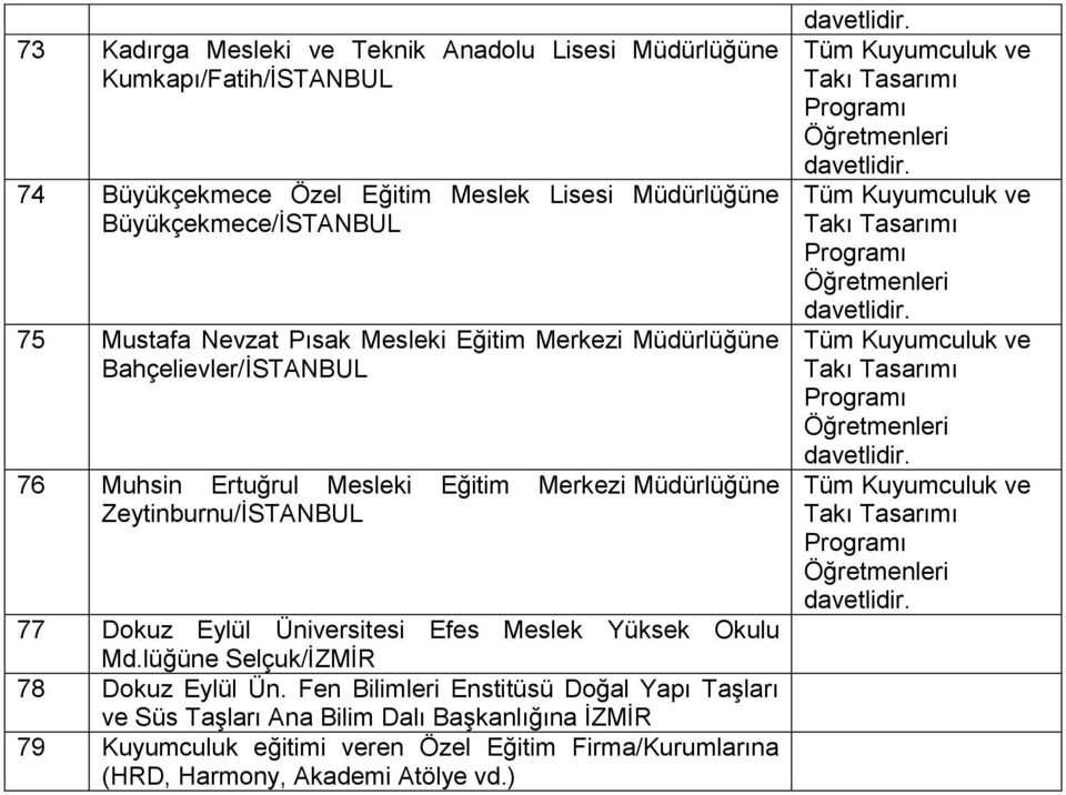 Müdürlüğüne Zeytinburnu/İSTANBUL 77 Dokuz Eylül Üniversitesi Efes Meslek Yüksek Okulu Md.lüğüne Selçuk/İZMİR 78 Dokuz Eylül Ün.