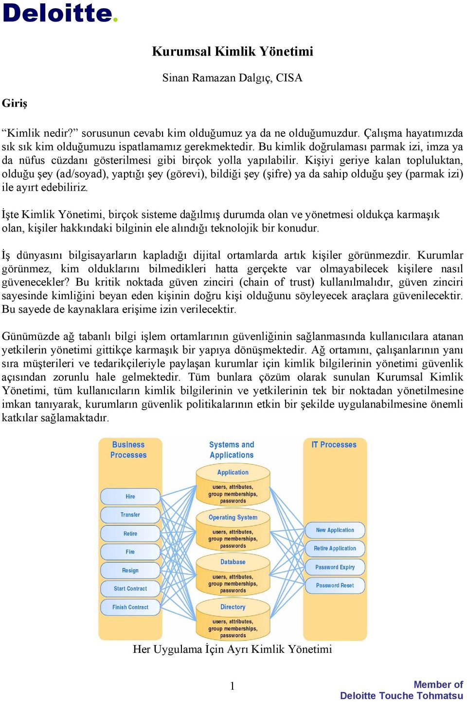 Kişiyi geriye kalan topluluktan, olduğu şey (ad/soyad), yaptığı şey (görevi), bildiği şey (şifre) ya da sahip olduğu şey (parmak izi) ile ayırt edebiliriz.