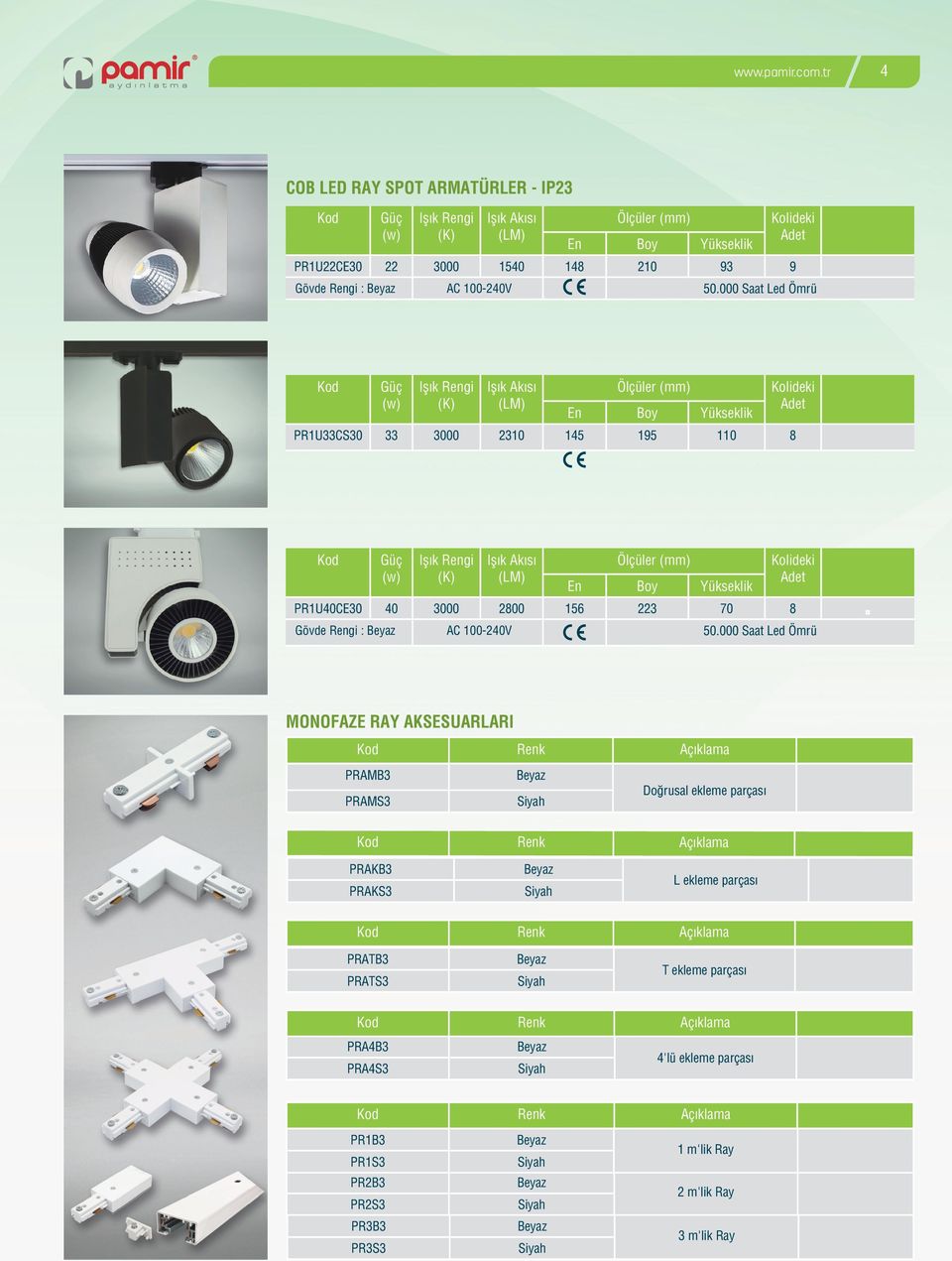 000 Saat Led Ömrü MONOFAZE RAY AKSESUARLARI Renk Açıklama PRAMB3 Doğrusal ekleme parçası PRAMS3 Renk Açıklama PRAKB3 PRAKS3 L ekleme parçası